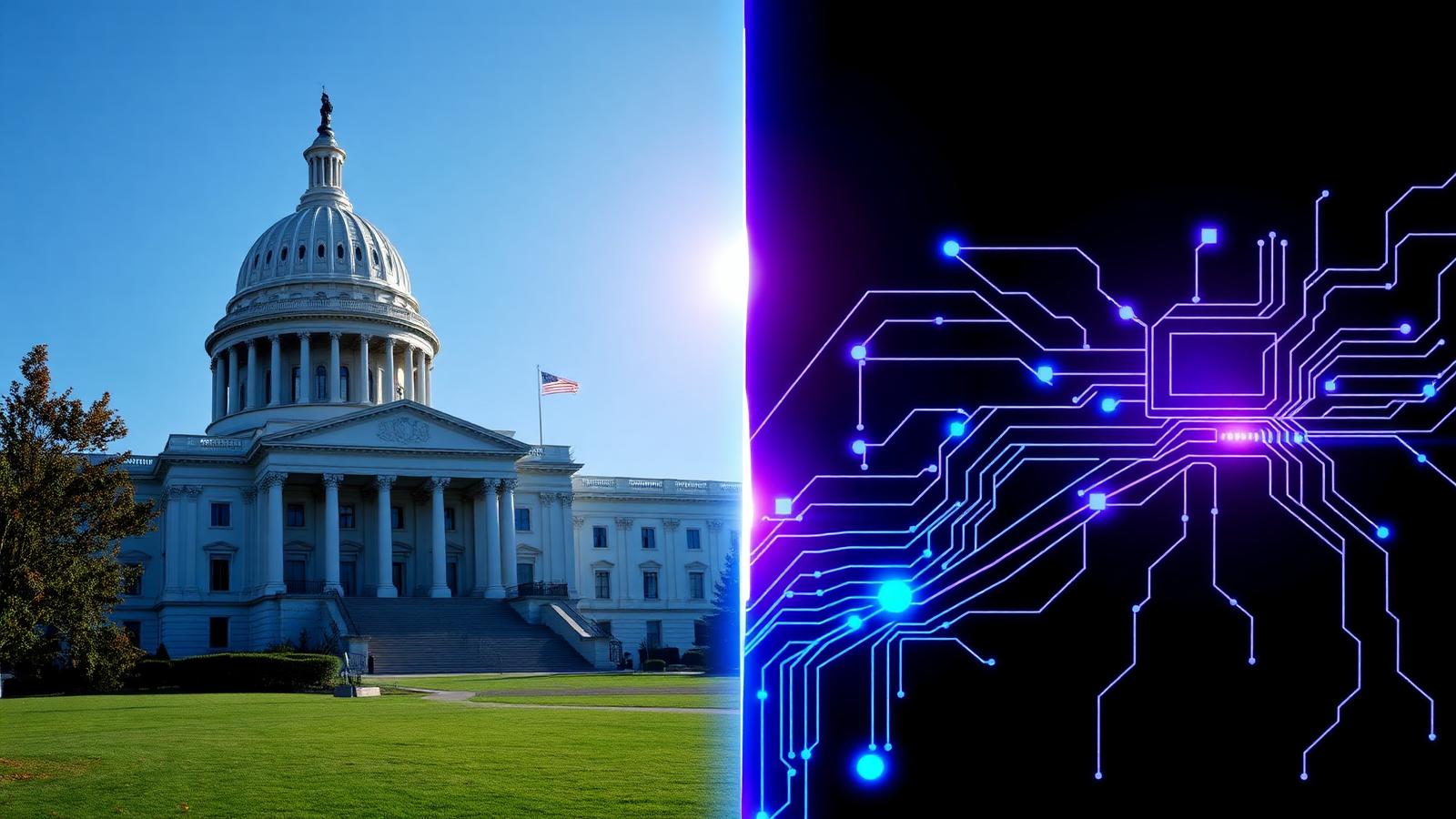 State capitol building with artificial intelligence graphics representing the debate over state AI laws.